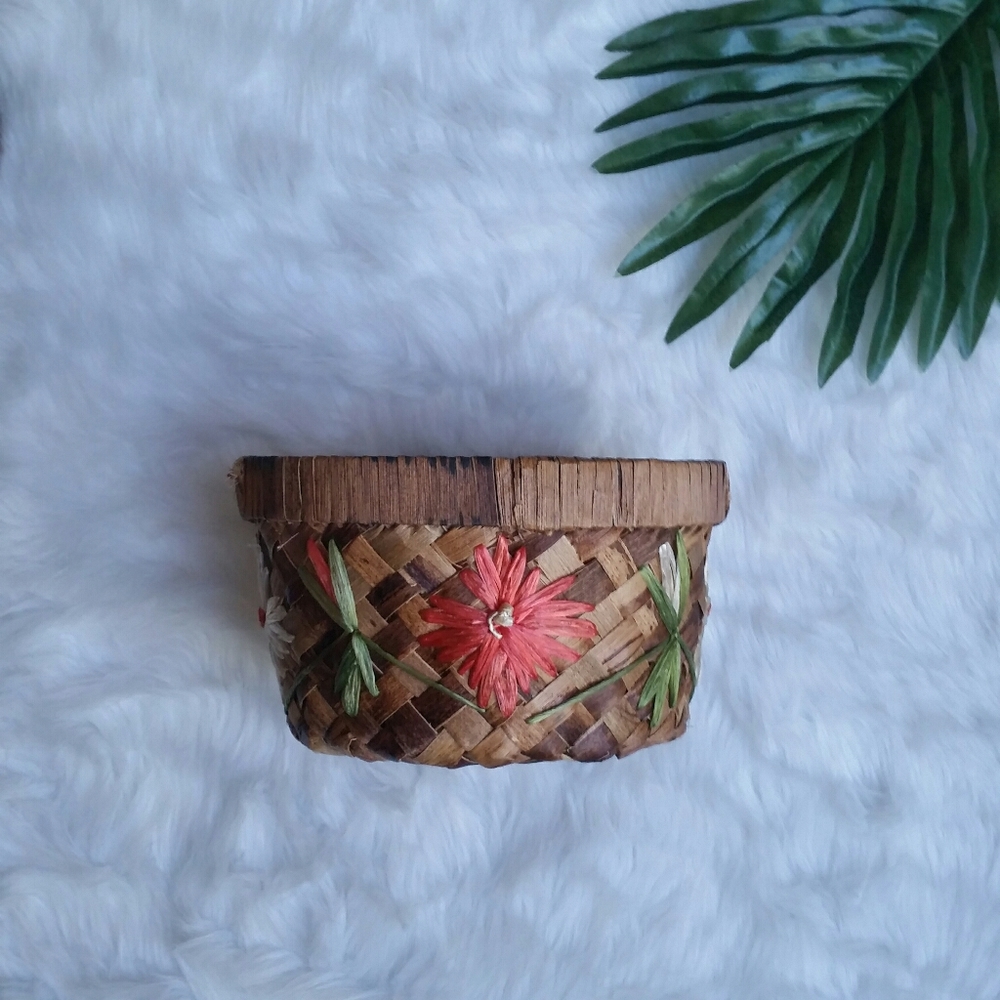 Vintage Woven Floral Plant Basket